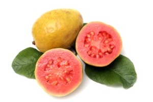 Fresh Guava fruit with leaves on white background